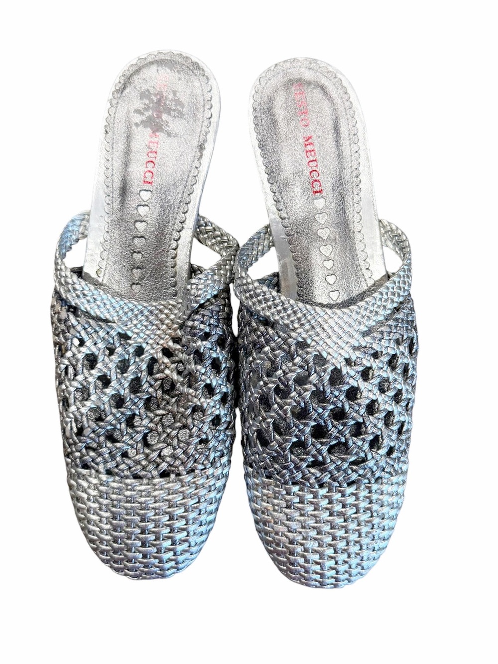 Sesto Meucci Mules Women’s 9.5 Silver Metallic Woven Leather Slip On Flats
